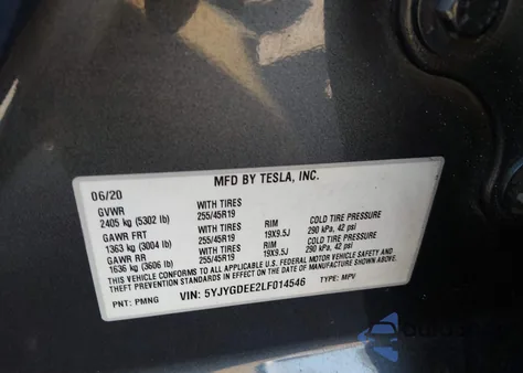 2020 Tesla Model Y Long Range Dual Motor All-Wheel Drive из США, поврежденный, VIN 5YJYGDEE2LF014546
